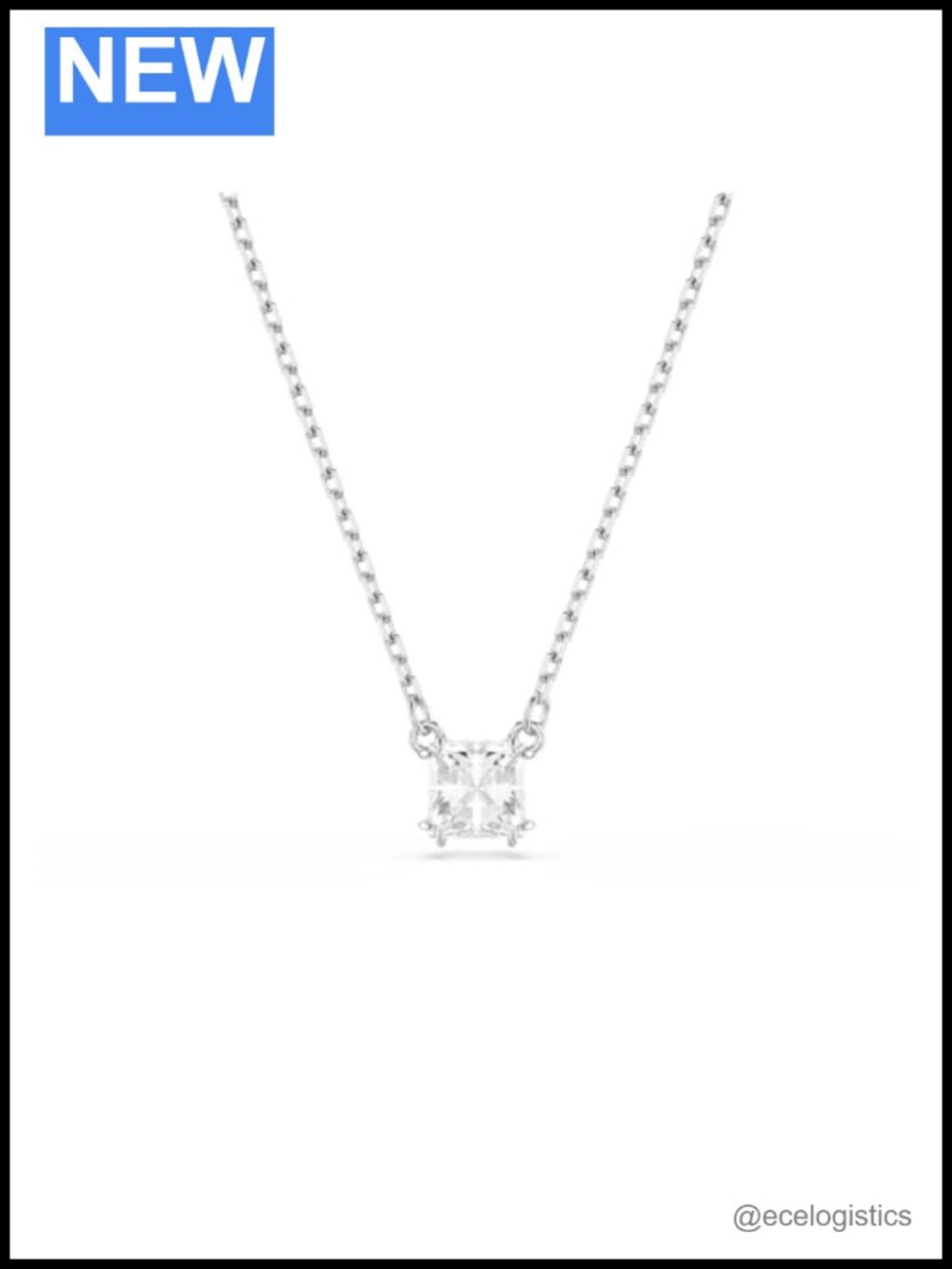 Rhodium Plated Square Cut Crystal Pendant Necklace 14-17.75 Inch Adjustable